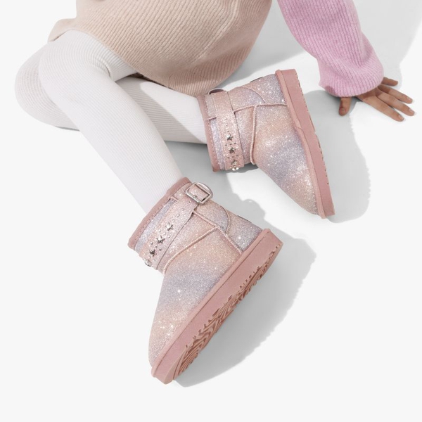 [FuzzyClassic Kid's Low Boot] Kids Faux Fur-Lined Snow Boots - PINK-RAINBOW - 4